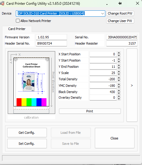 IDP Card Printer Config Utility showing position and density settings